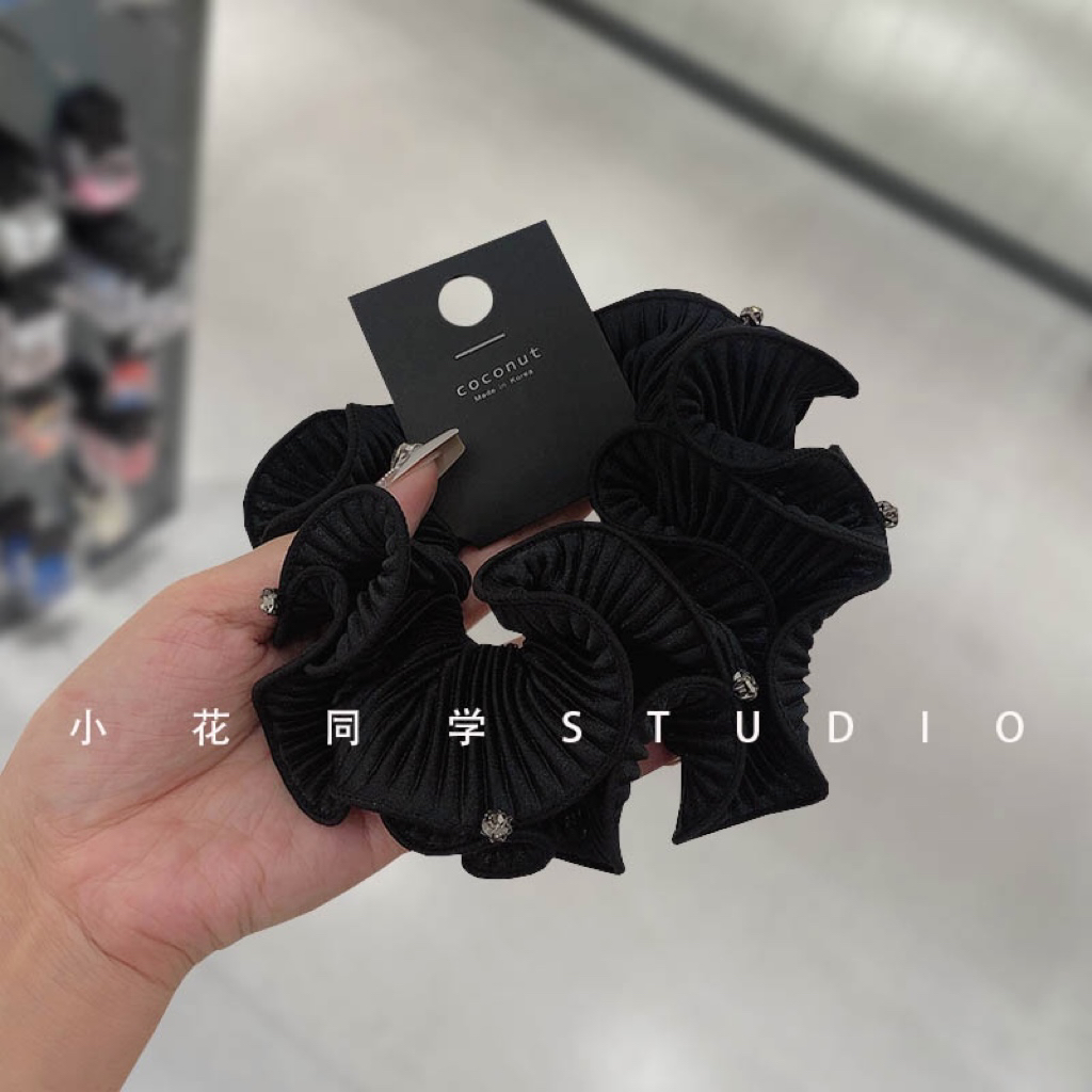 韩国发饰2024新款黑色褶皱木耳边设计手工缝制水钻发圈大肠圈头饰