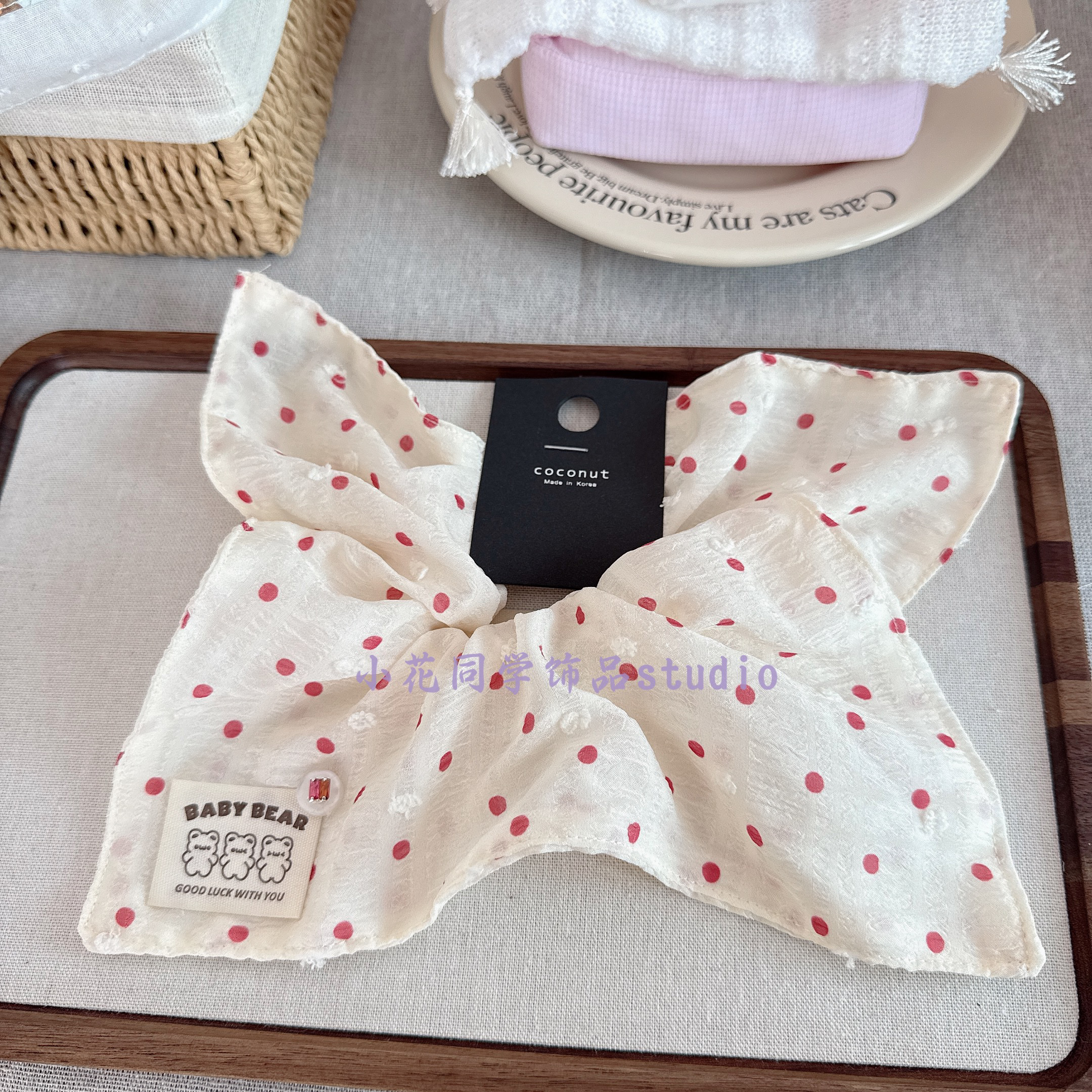 韩国发饰2025新款粉色白色婴儿蓝圆点雪纺小熊水钻方巾发圈大肠圈