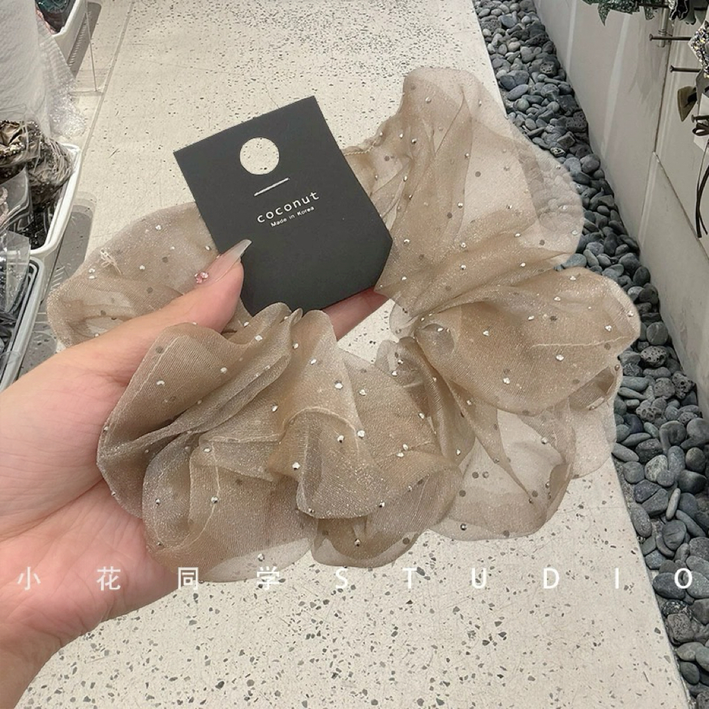 韩国发饰2025新款香槟色黑色欧根纱满天星透明网纱发圈大肠圈发绳