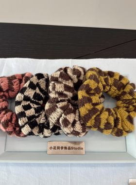 韩国原创设计发饰2025新款干枯玫瑰粉黄色咖色白色毛线格子发圈