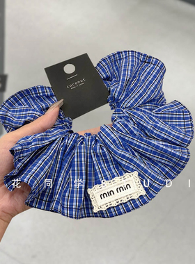 克莱因蓝藏青色日系韩系韩版英伦风格子小香风MIN字母发圈大肠圈