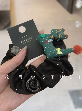 韩国发饰2024新款精致黑色缎面满天星闪钻圣诞绿色小猫咪纽扣发圈