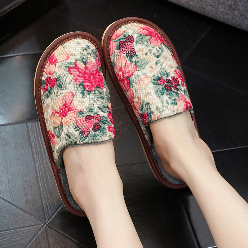 秋冬保暖防滑加绒居家棉麻棉拖鞋