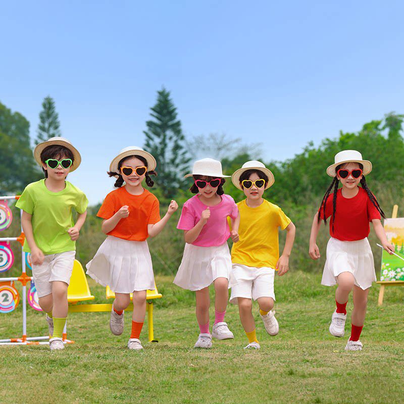 彩色纯棉t恤亲子装儿童糖果色短袖演出服运动会幼儿园纯色舞蹈服