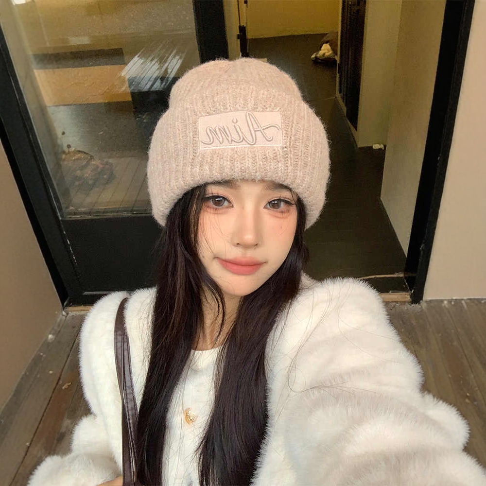 2024新款大头围毛线帽女秋冬显脸小字母针织帽粉色保暖帽子冷帽男