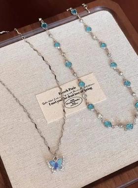 Romantic Blue Crystal Butterfly Necklace for Women Girls Sim