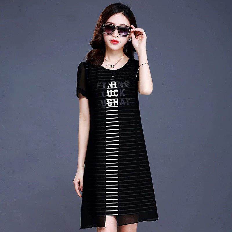 Large Size Skirt Chiffon Stitching Fake Two-piece Dress Mid-