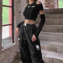 Patchwork Black T-shirts Gothic One Shoulder Sleeve Y2k Crop