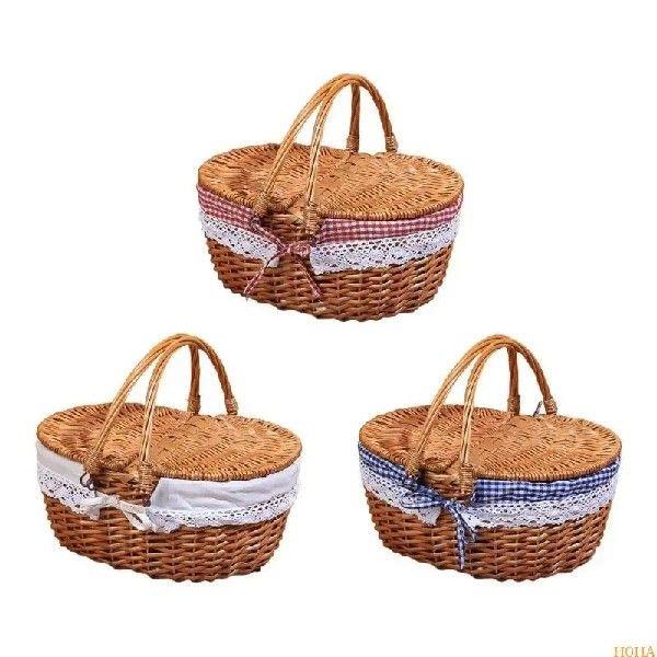N0HA Elegant Wicker Picnics Basket With Folding Handle