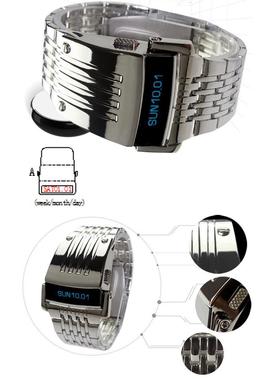 Fashion Blue Watches LED Display Wide Stainless Steel Band M