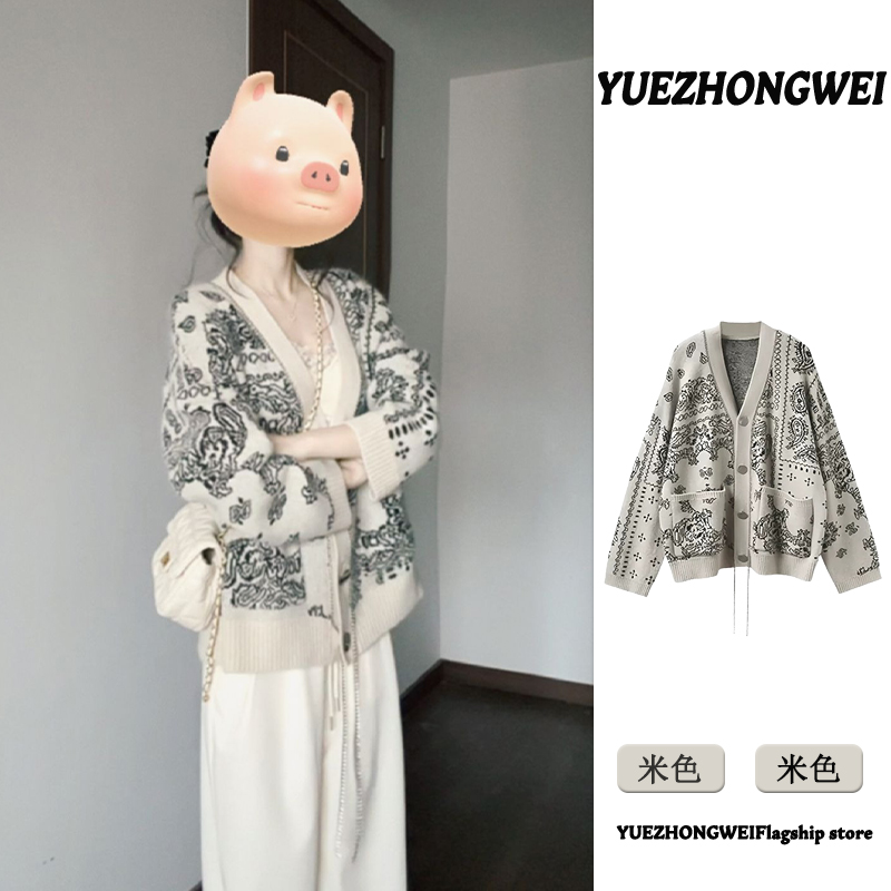 重工浣熊绒画 画艺提花针织开 衫女秋冬加厚宽松慵懒风高级感毛衣