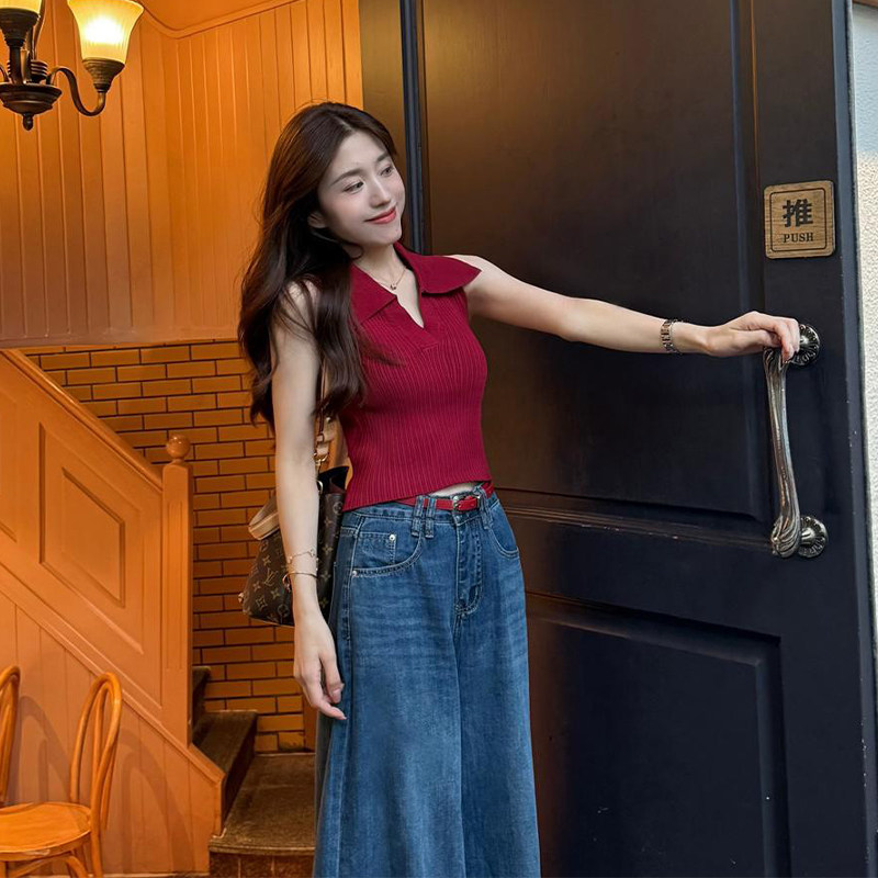 法式V领红色针织挂颈吊带背心女夏季外穿修身辣妹无袖polo衫上衣