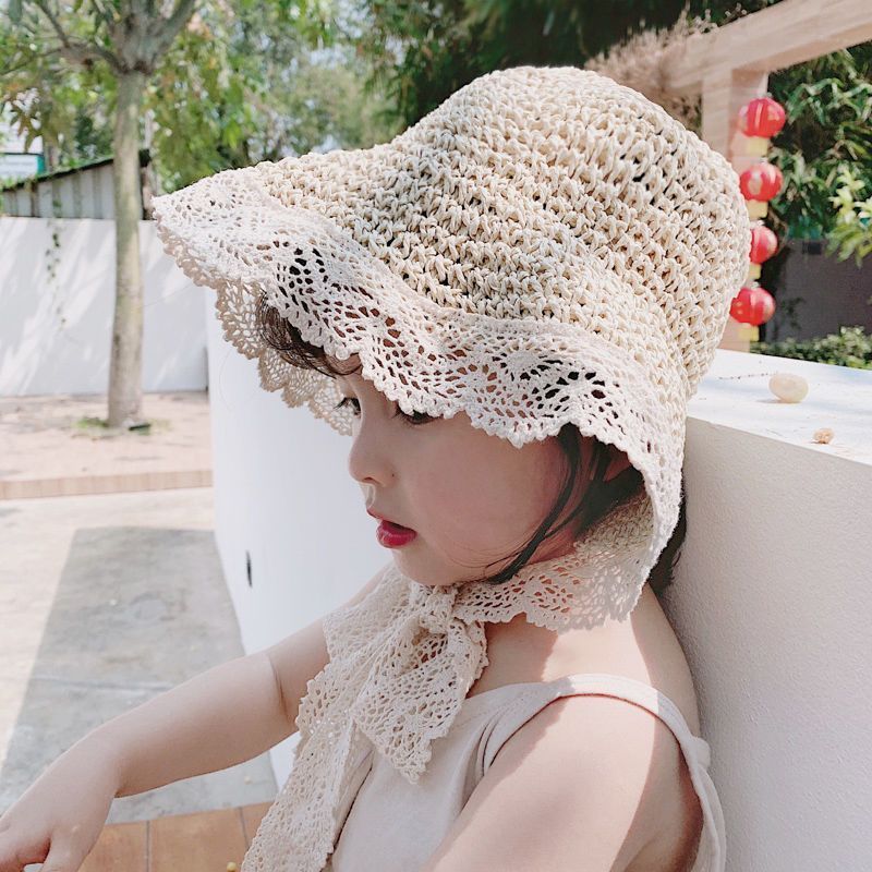 夏季公主女草帽男可爱遮阳沙滩蕾丝防晒儿童渔夫帽可折叠宝宝草编