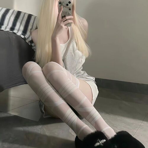 绑带过膝袜性感日系甜辣妹绷带长筒袜女白丝jk情调黑丝薄洛丽塔