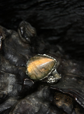 天然拉长石戒指复古银饰原创设计