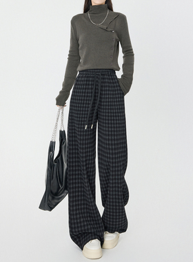 黑灰色羊毛格子裤女秋冬2025新款复古宽松毛呢窄版直筒加绒阔腿裤