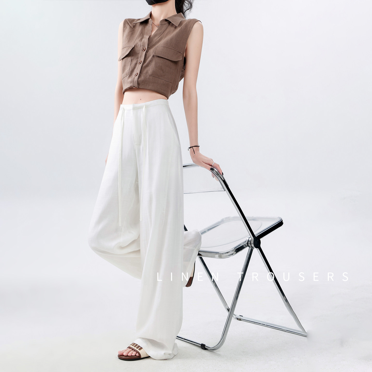 白色亚麻阔腿裤子女夏薄款2026新款高腰宽松慵懒老钱风垂感休闲裤