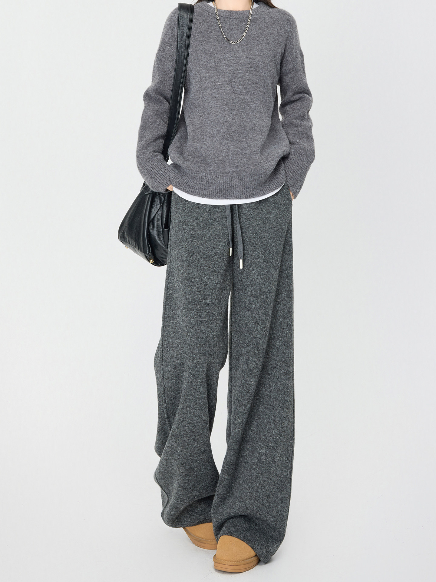 灰色羊毛阔腿裤女秋冬宽松休闲卫裤加长糯米裤加厚直筒裤加绒裤子