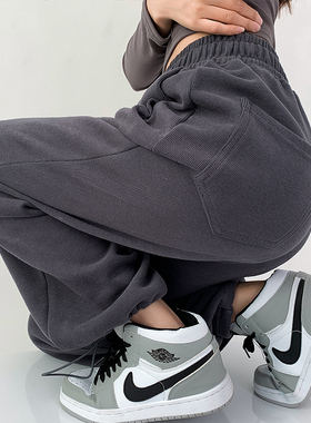 灰色运动裤女春秋高腰直筒阔腿裤秋冬加绒裤子宽松休闲卫裤潮ins