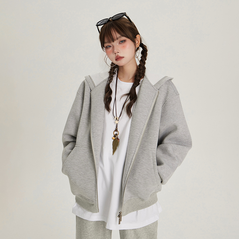 PVJ书欣同款百搭基础学院风卫衣外套女休闲宽松拉链秋冬连帽开衫