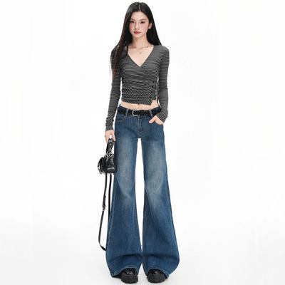 美式复古蓝微喇牛仔裤女