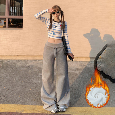 灰色美式复古高腰宽松阔腿裤