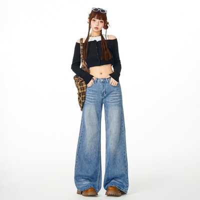 PVJ高街慵懒风折痕复古牛仔裤女2025春秋宽松显瘦直筒阔腿拖地裤