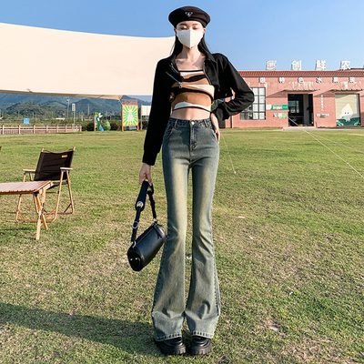 薄绒牛仔裤女拖地喇叭裤高腰