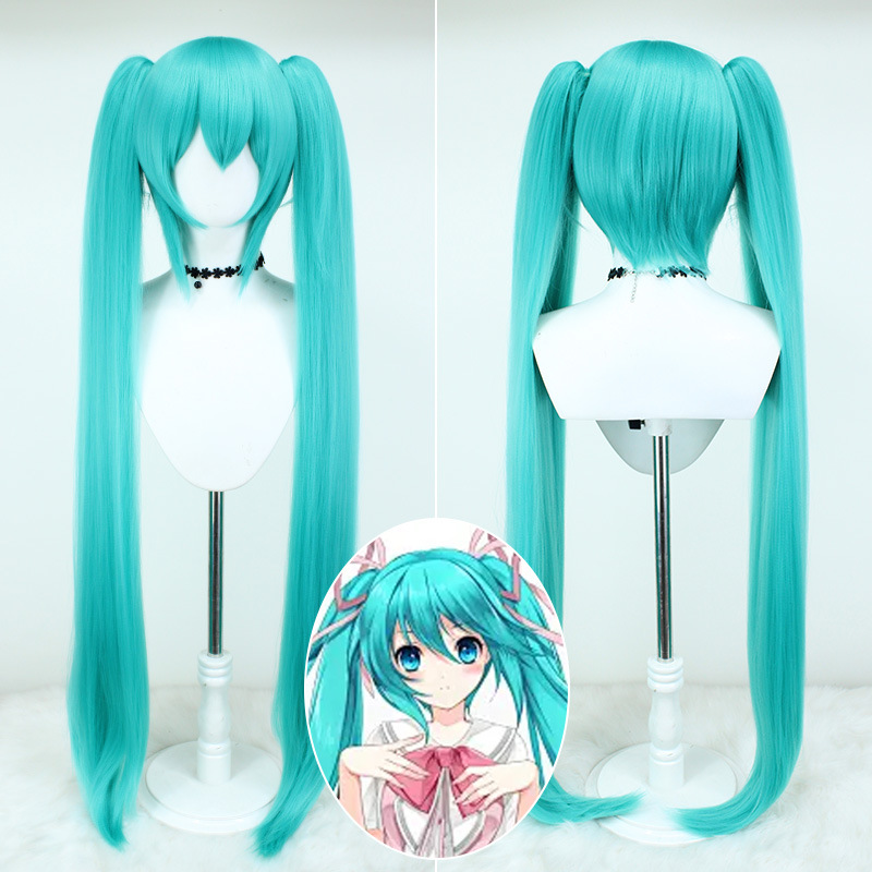 初音cos假发 万用虎口夹115CM双马尾 蓬蓬丝超长湖蓝色高温丝假发