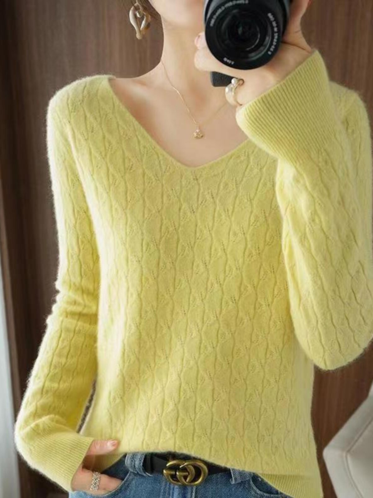 FOREIGN LOOSE V-NECK KNITTED SWEATER WOMENS THIN SPRING AND AUTUMN TEMPERAMENT HOLLOW LONG-SLEEVED UNDERSHIRT FASHIONABLE OUTER TOP
