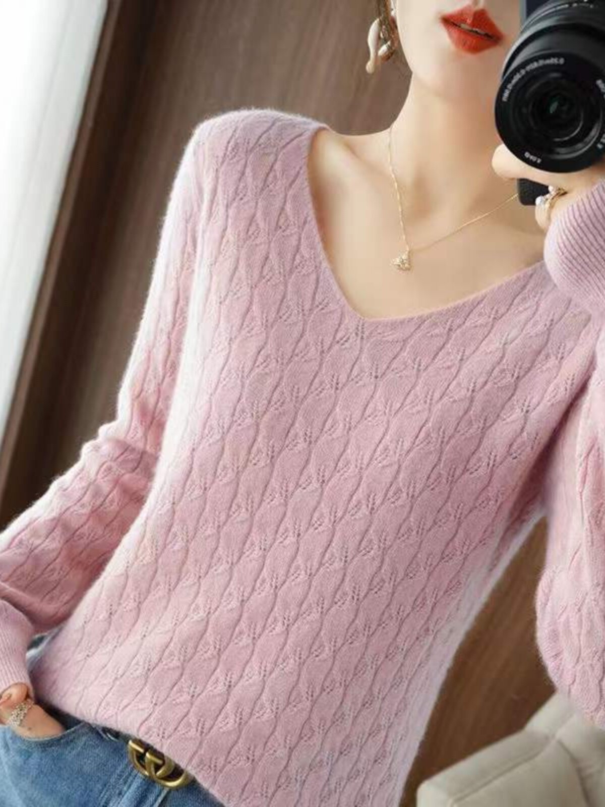 FOREIGN LOOSE V-NECK KNITTED SWEATER WOMENS THIN SPRING AND AUTUMN TEMPERAMENT HOLLOW LONG-SLEEVED UNDERSHIRT FASHIONABLE OUTER TOP