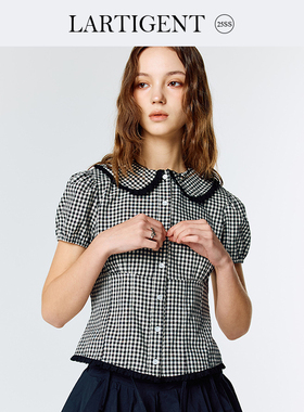 LARTIGENT 25春新款蕾丝边装饰娃娃领格子纹理短袖可爱泡泡袖衬衫