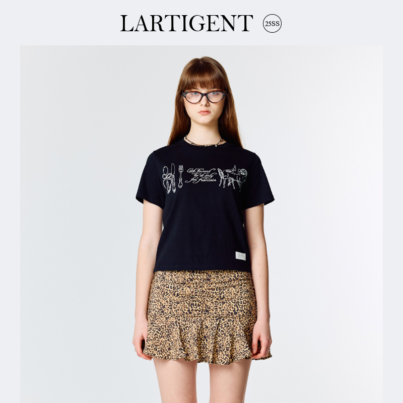 LARTIGENT 25春新款派对餐具餐桌印花正肩圆领套头女士短袖T恤衫