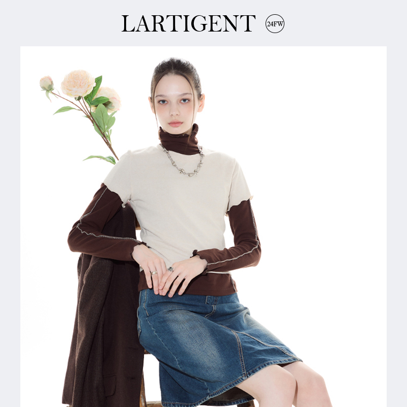 LARTIGENT 24秋冬新款假两件多层撞色T恤上衣高领内搭外穿打底衫