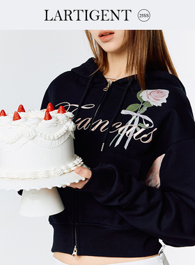 LARTIGENT 25春新款法式玫瑰印花字母刺绣双头拉链修身短款连帽衫