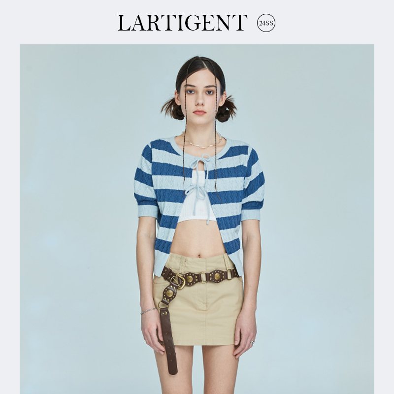 LARTIGENT灰蓝纹麻花针织短袖衫