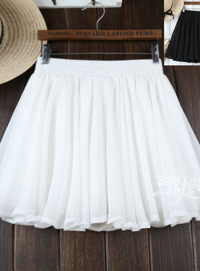 白色纱裙短裙a字百褶女雪纺半身裙子蓬蓬裙裤裙大摆高腰半裙夏季