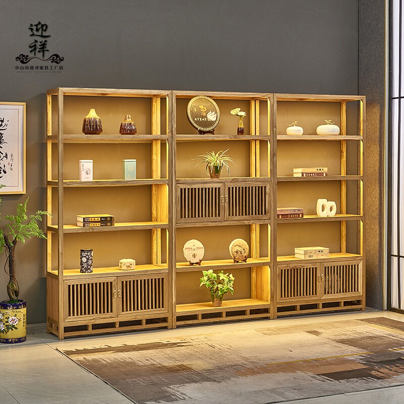 茶叶店展示柜陈列柜实木新中式茶庄带灯茶具普洱茶叶饼货架展示架