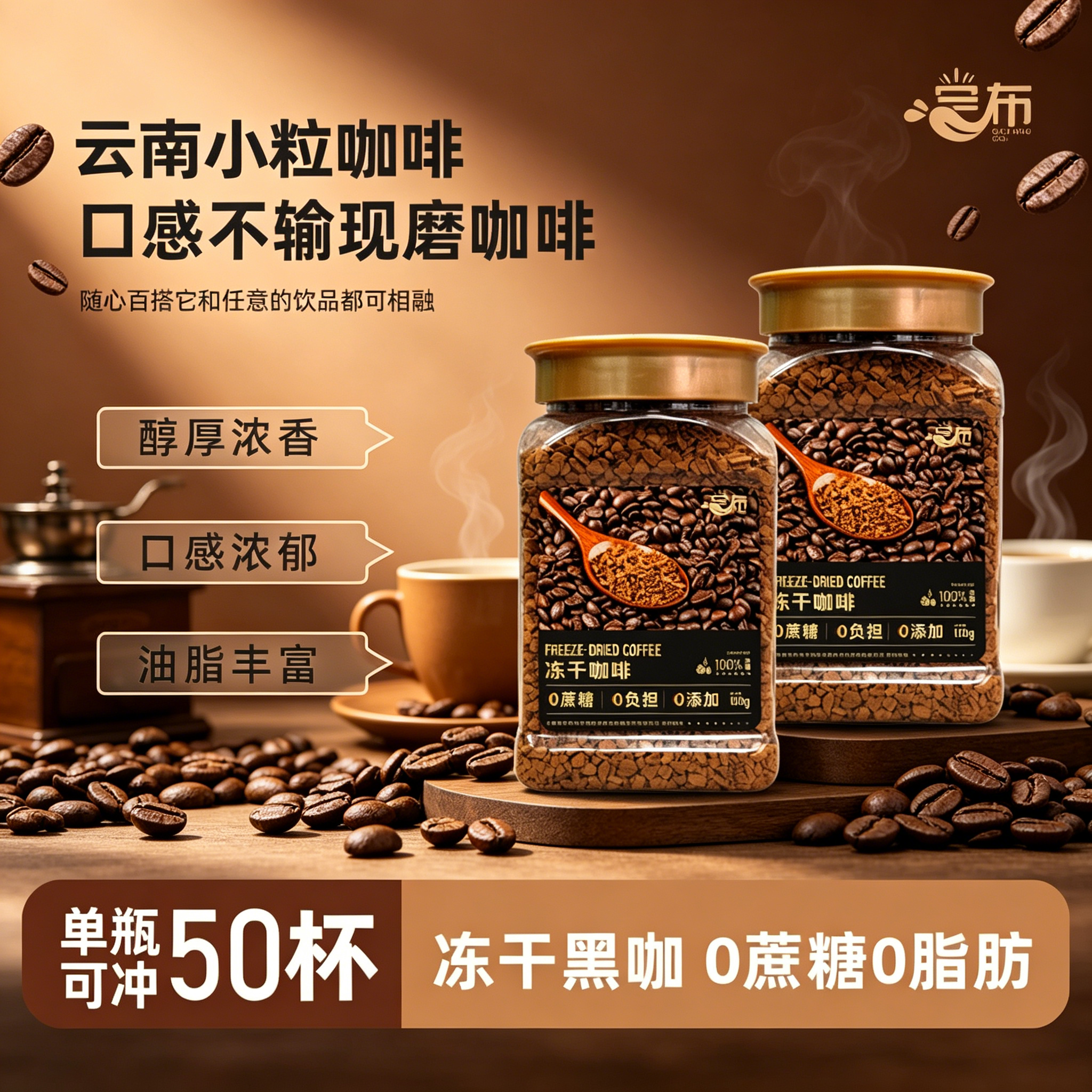 【官方正品】尝布速溶冻干咖啡100g瓶装0蔗糖0脂美式纯黑咖啡粉