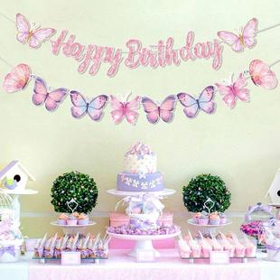 Pink Happy Birthday Banner With Butterfly Dancing Hanging Pe