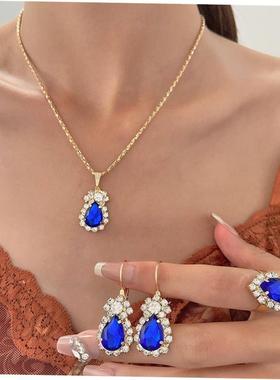 women necklace earrings jewelry set rhinestone ring bridal