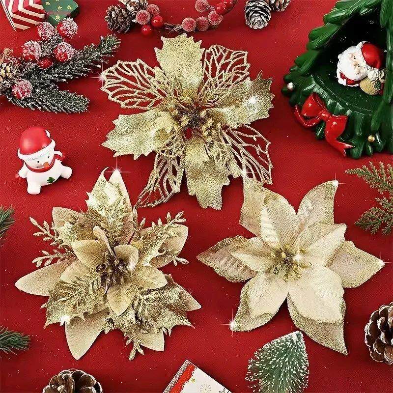 6-24Pcs 15cm Artificial Christmas Flowers with Clips Stems,