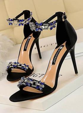 women fashion party sandals high heels shoes一字带高跟凉鞋女