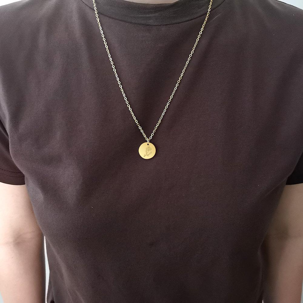 December Birthday Flower Round Coin Necklace Titanium Steel