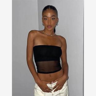 Crop Top Sexy Corset Sle Tube Black Patchwork Mesh Women