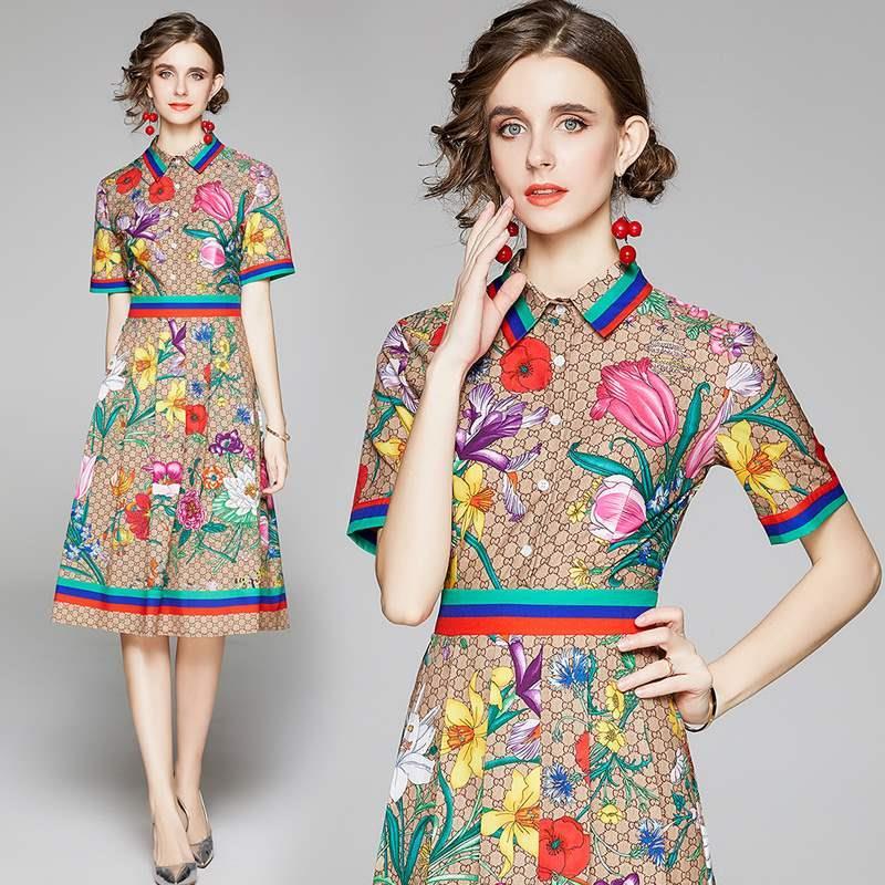 Runway Flower Dress Summer Dress Shirt Women Buttons Letters