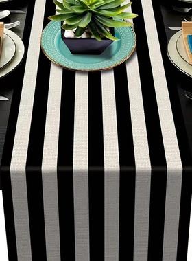 1pc Geometric Stripe Linen Table Runner, Modern Simple Black