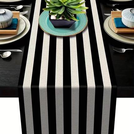 1pc Geometric Stripe Linen Table Runner, Modern Simple Black