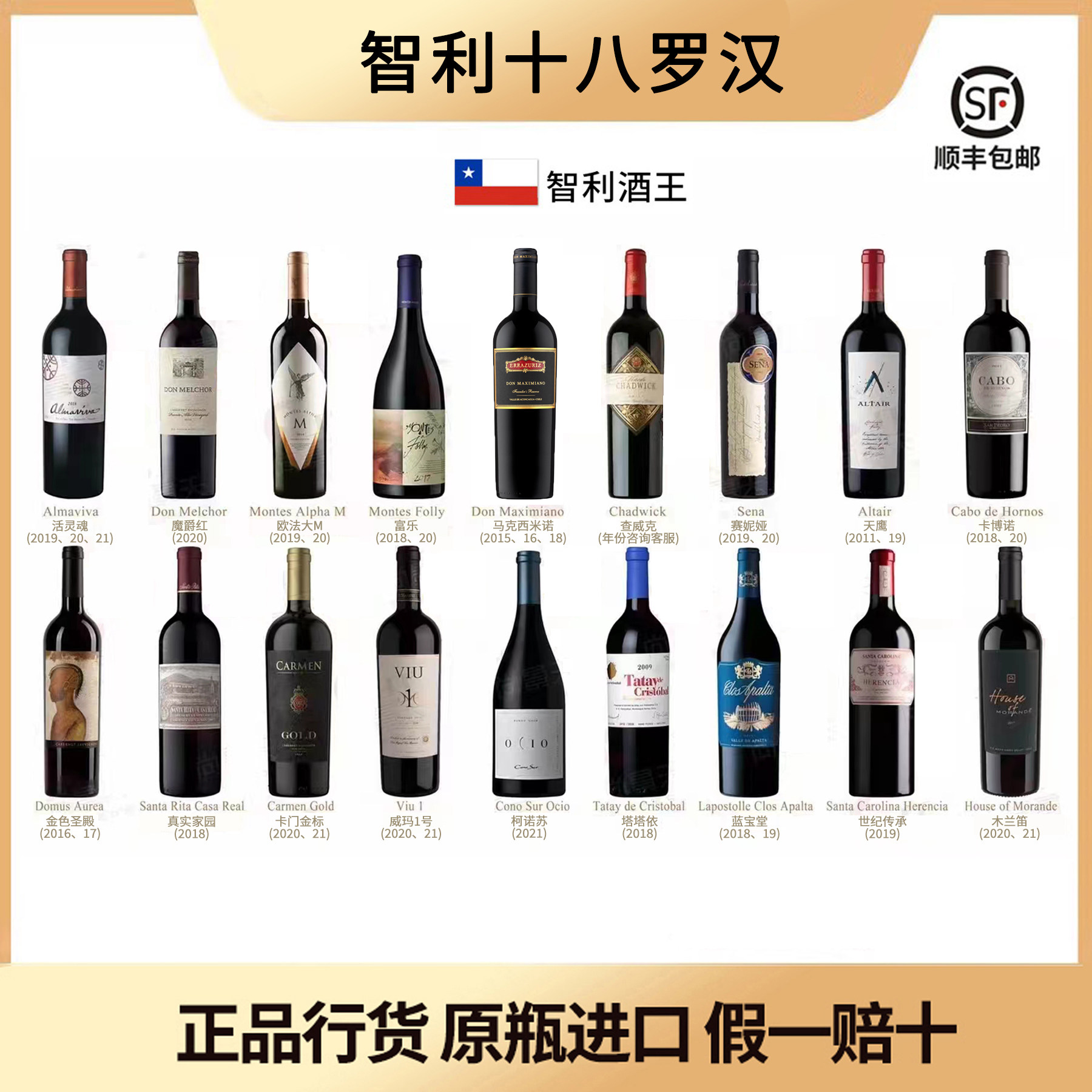 智利十八罗汉进口红酒750ml*18瓶蒙特斯活灵魂桑雅魔爵金殿柯诺苏