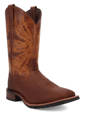 美国代购Laredo男靴棕色格纹刺绣西部牛仔靴中筒方头皮靴